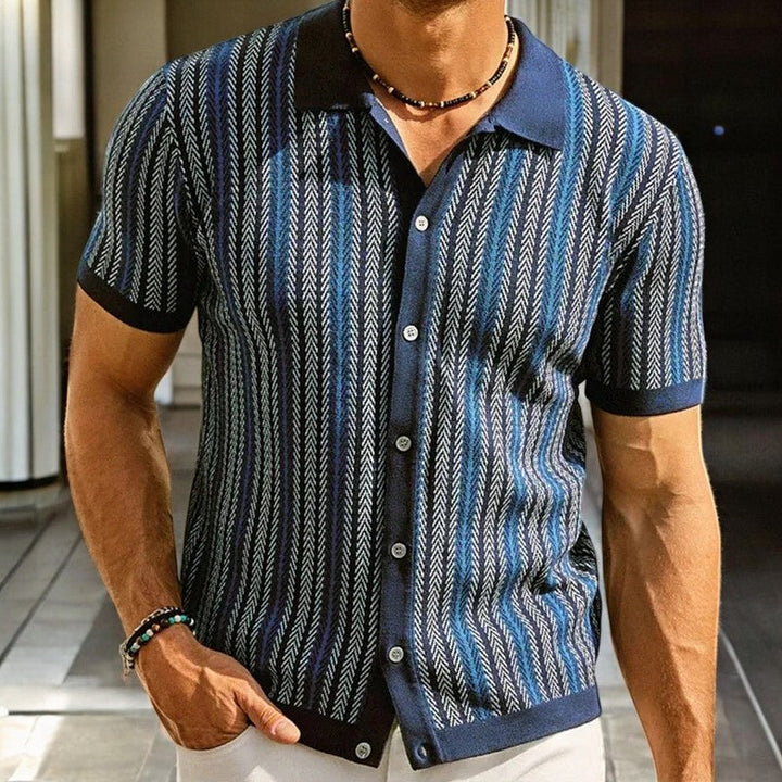 Men's Striped Knit Short Sleeve Button Down Shirt