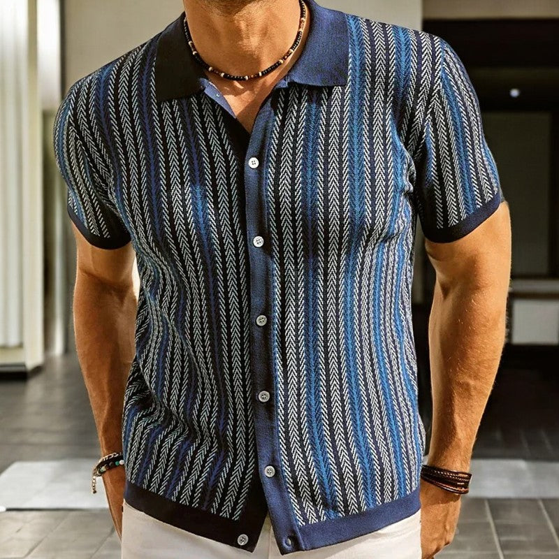 Men's Striped Knit Short Sleeve Button Down Shirt
