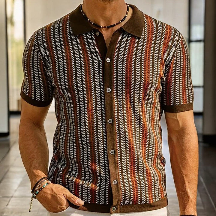 Men's Striped Knit Short Sleeve Button Down Shirt