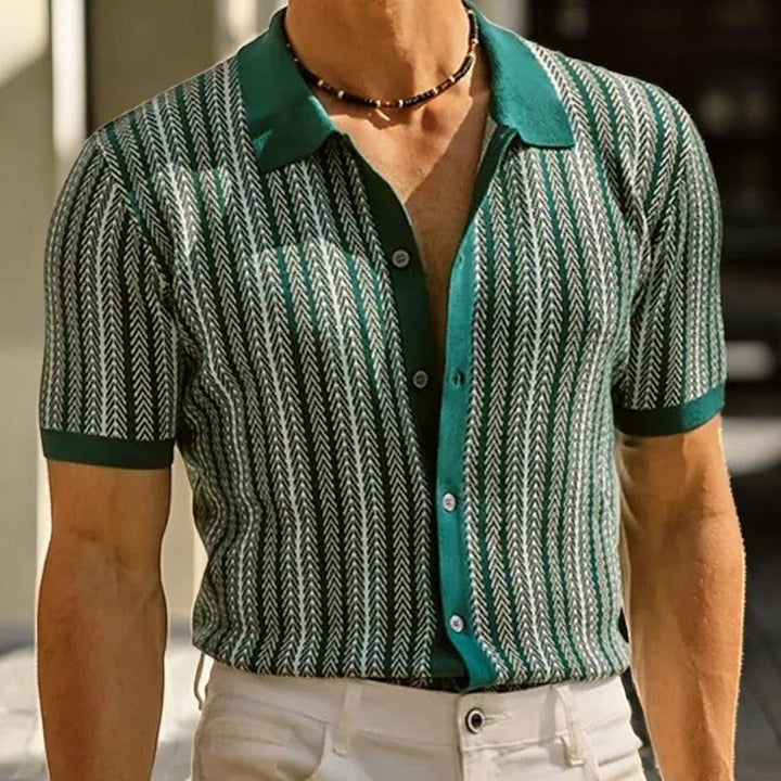 Men's Striped Knit Short Sleeve Button Down Shirt