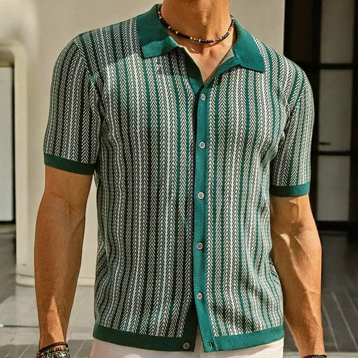 Men's Striped Knit Short Sleeve Button Down Shirt