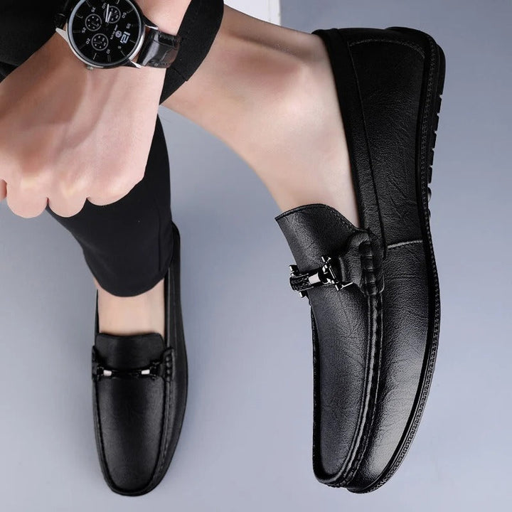 Men's Genuine Leather Slip-On Loafers with Metal Bit Detail and Closed Toe