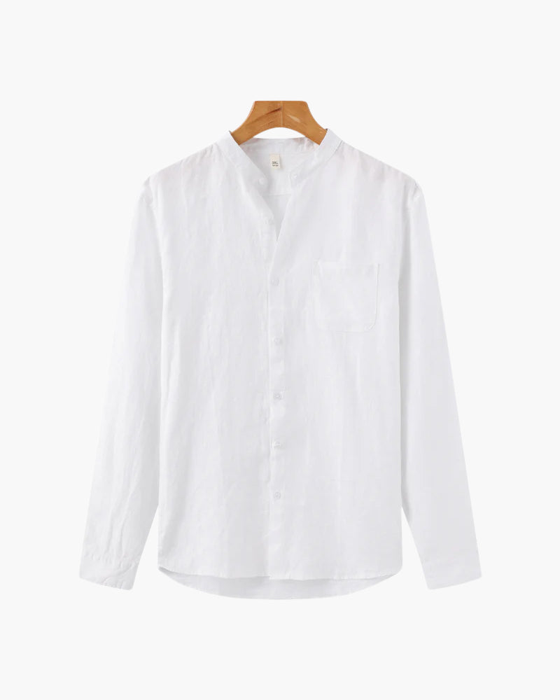 Men's Linen Long Sleeve Button-Down Shirt with Spread Collar and Chest Pocket