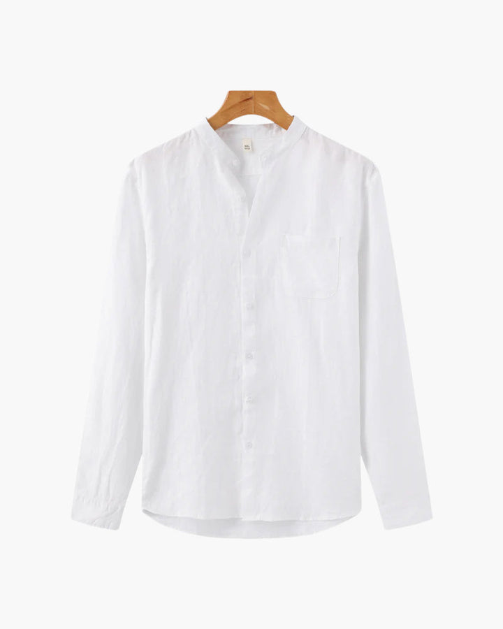 Men's Linen Long Sleeve Button-Down Shirt with Spread Collar and Chest Pocket