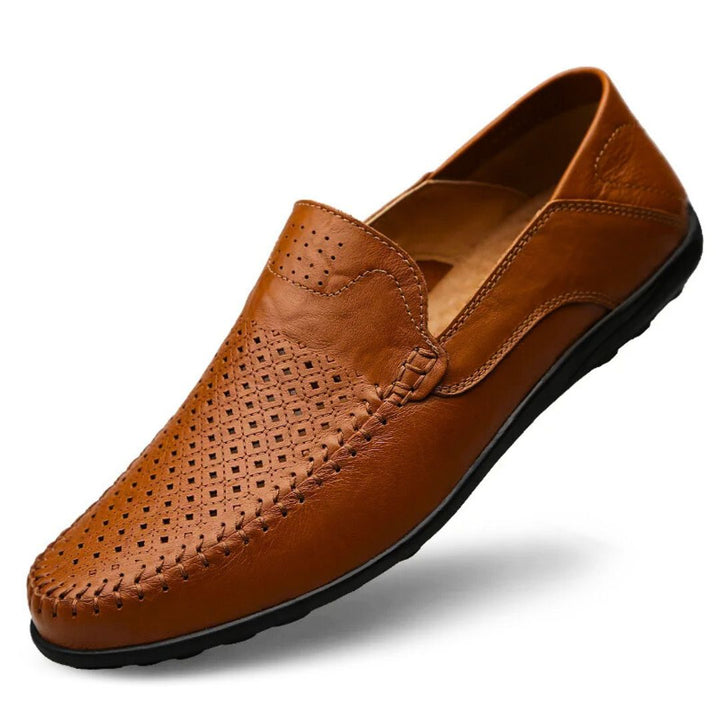 Men's Genuine Leather Slip-On Loafers with Perforated Upper and Closed Toe
