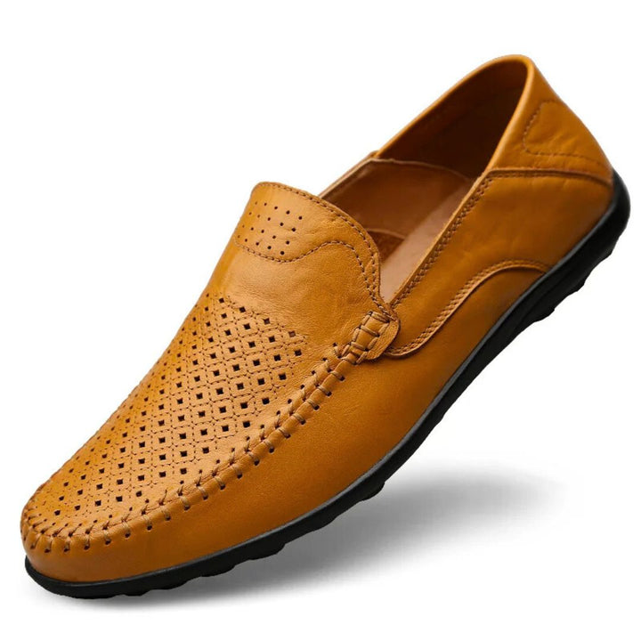 Men's Genuine Leather Slip-On Loafers with Perforated Upper and Closed Toe