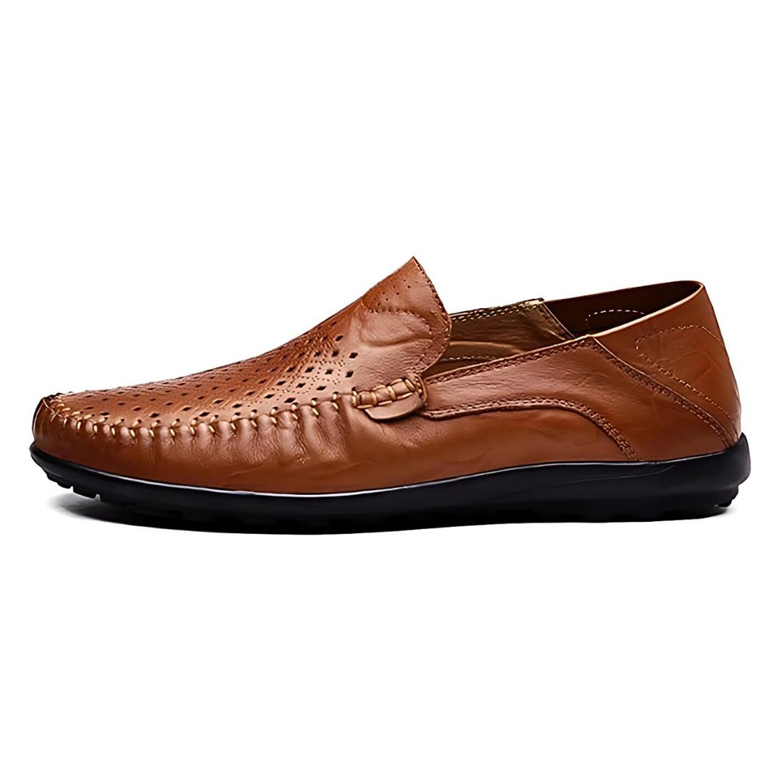 Men's Genuine Leather Slip-On Loafers with Perforated Upper and Closed Toe
