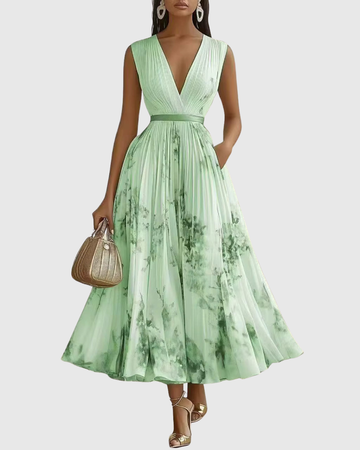 Women's Floral Print V-Neck Sleeveless Pleated Maxi Dress with Belt Detail