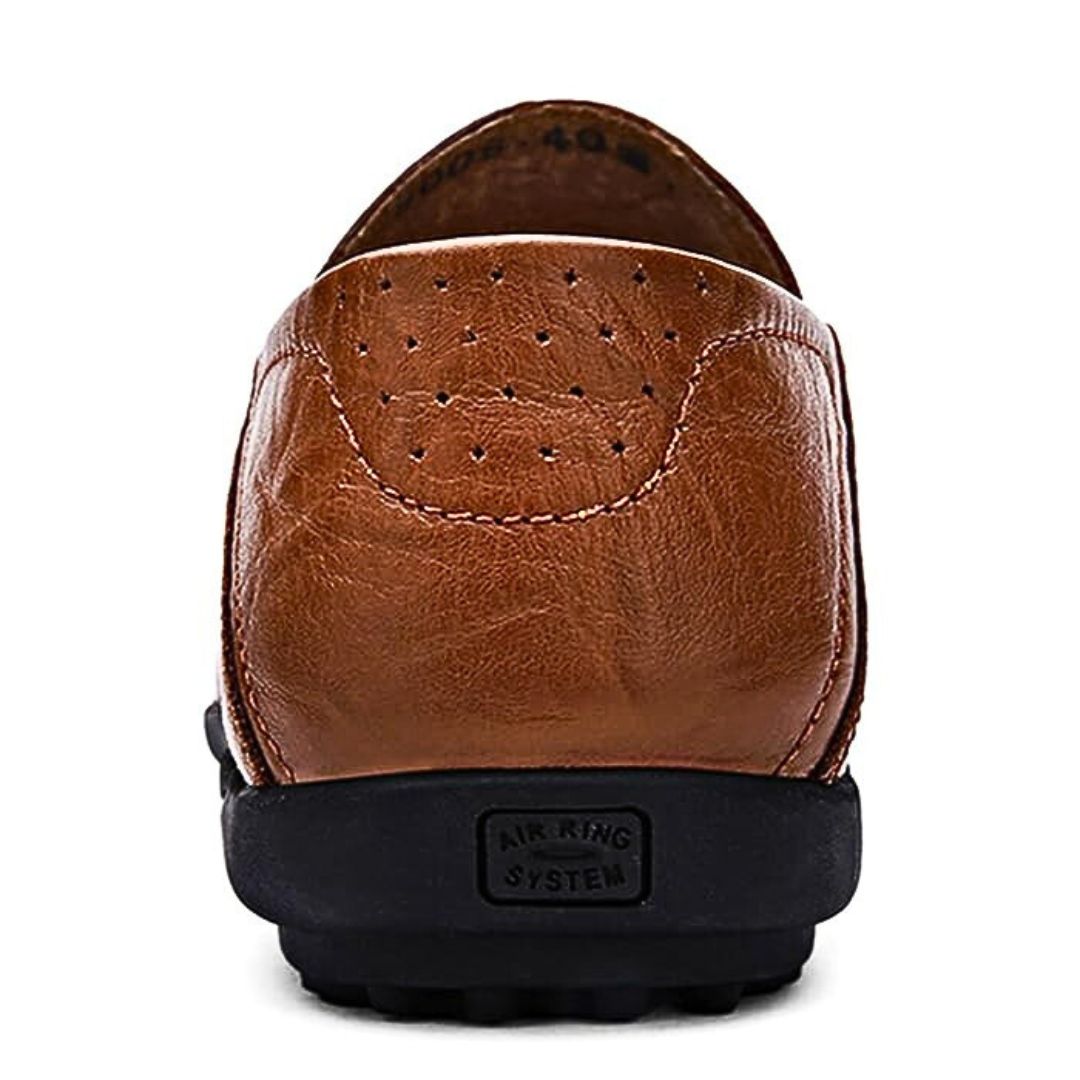 Men's Genuine Leather Slip-On Loafers with Perforated Upper and Closed Toe