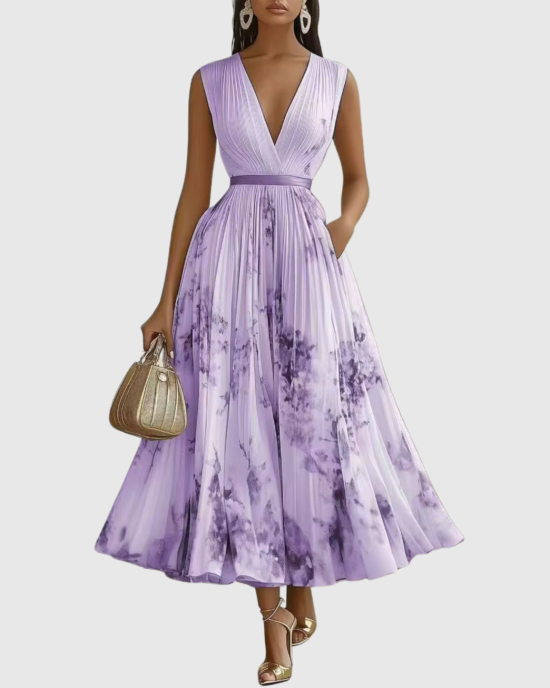 Women's Floral Print V-Neck Sleeveless Pleated Maxi Dress with Belt Detail