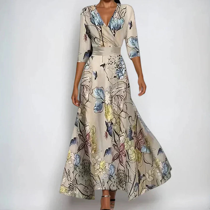 Women's Elegant Floral Wrap Maxi Dress Long Sleeve