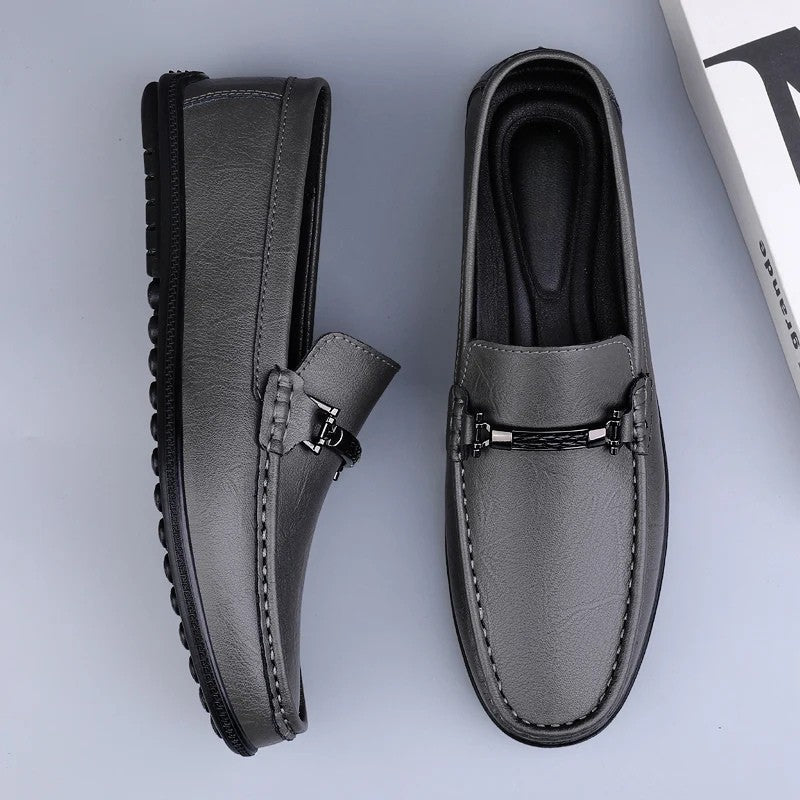 Men's Genuine Leather Slip-On Loafers with Metal Bit Detail and Closed Toe