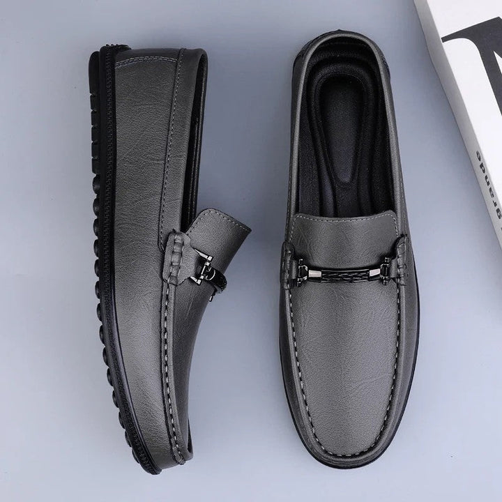 Men's Genuine Leather Slip-On Loafers with Metal Bit Detail and Closed Toe