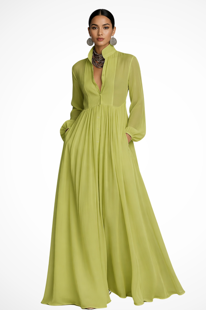 Women's Long Sleeve Button Front Garden Party Maxi Dress with Pockets