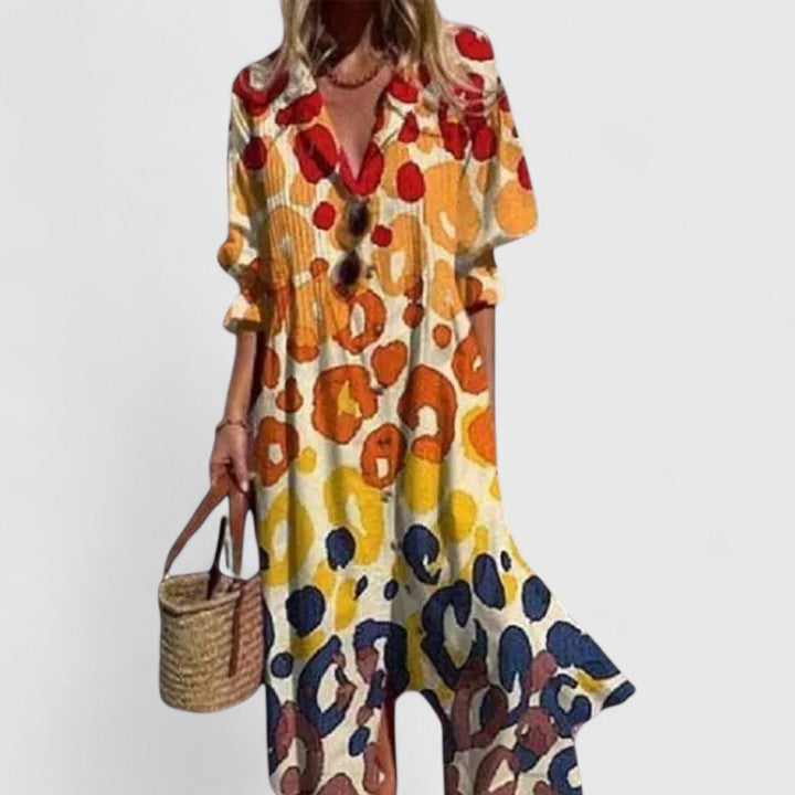 Women's Floral Print Boho Maxi Dress with Button Placket and Lapel Collar