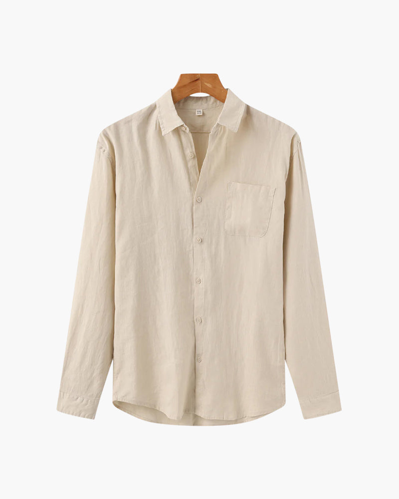 Men's Linen Long Sleeve Button-Down Shirt with Spread Collar and Chest Pocket