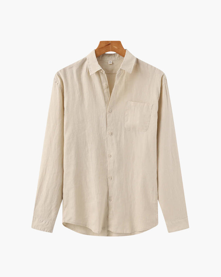 Men's Linen Long Sleeve Button-Down Shirt with Spread Collar and Chest Pocket
