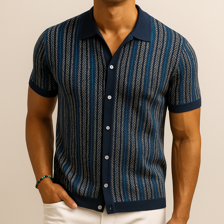 Men's Striped Knit Short Sleeve Button Down Shirt