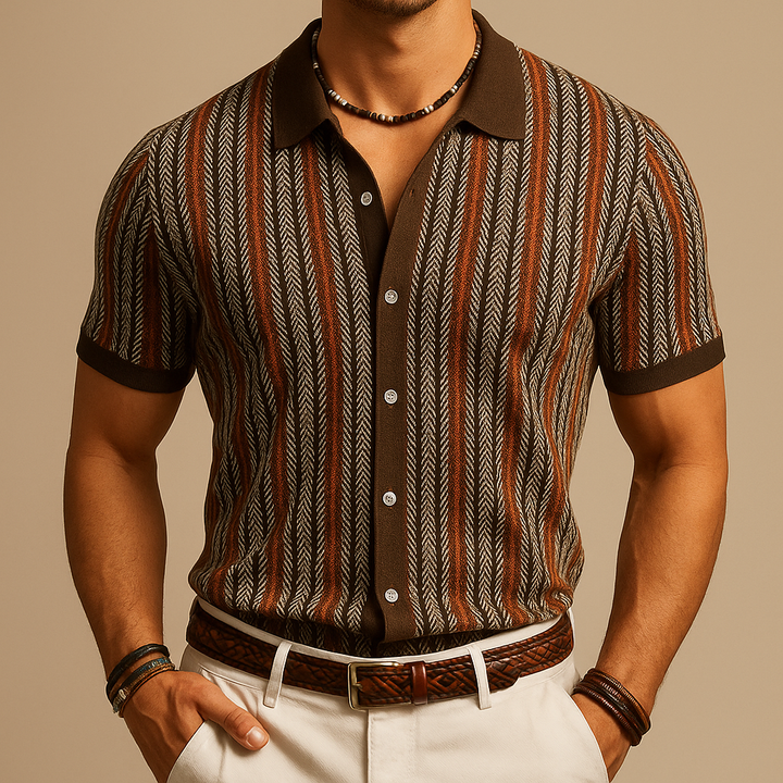 Men's Striped Knit Short Sleeve Button Down Shirt