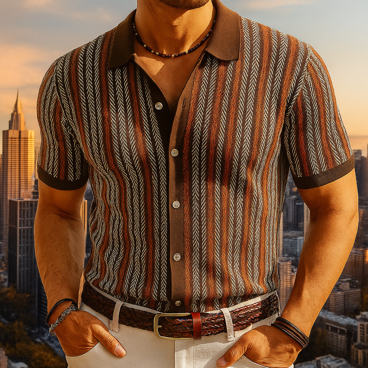 Men's Striped Knit Short Sleeve Button Down Shirt