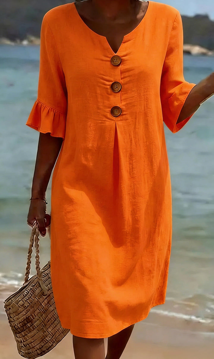 Cotton Linen Midi Dress Flutter Sleeve Button Front V-Neck