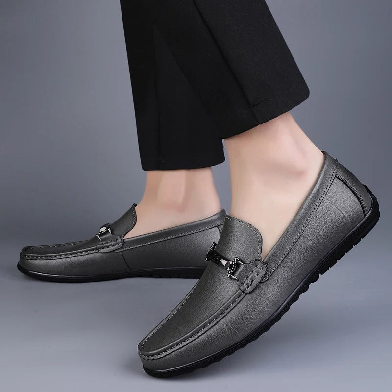 Men's Genuine Leather Slip-On Loafers with Metal Bit Detail and Closed Toe