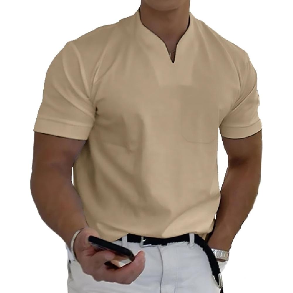 Men's Short Sleeve Collarless V-Neck Polo Shirt with Slim Fit and Plain Design
