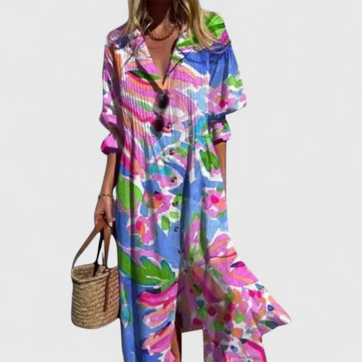 Women's Tropical Print Shirt Midi Dress Button Front