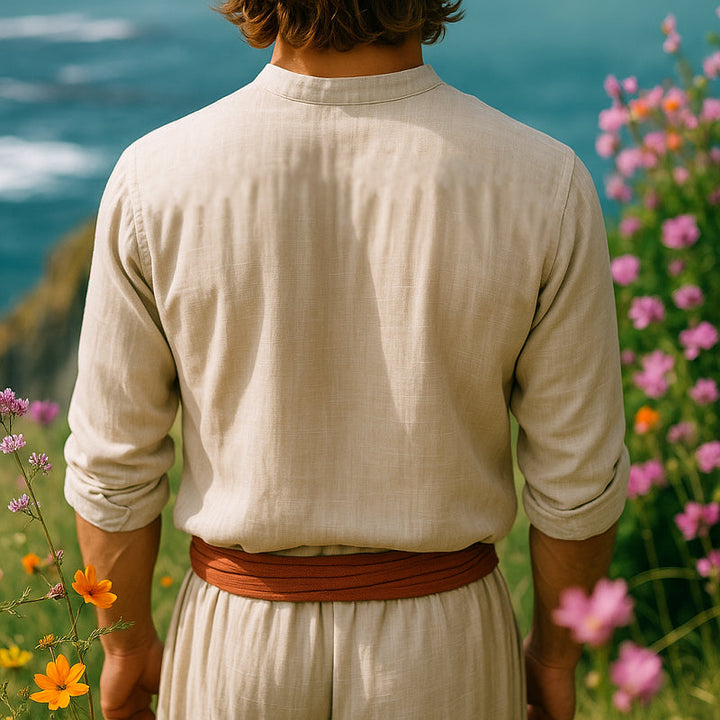 Men's Bohemian Long Sleeve Shirt with Grandad Collar and Floral Embroidery