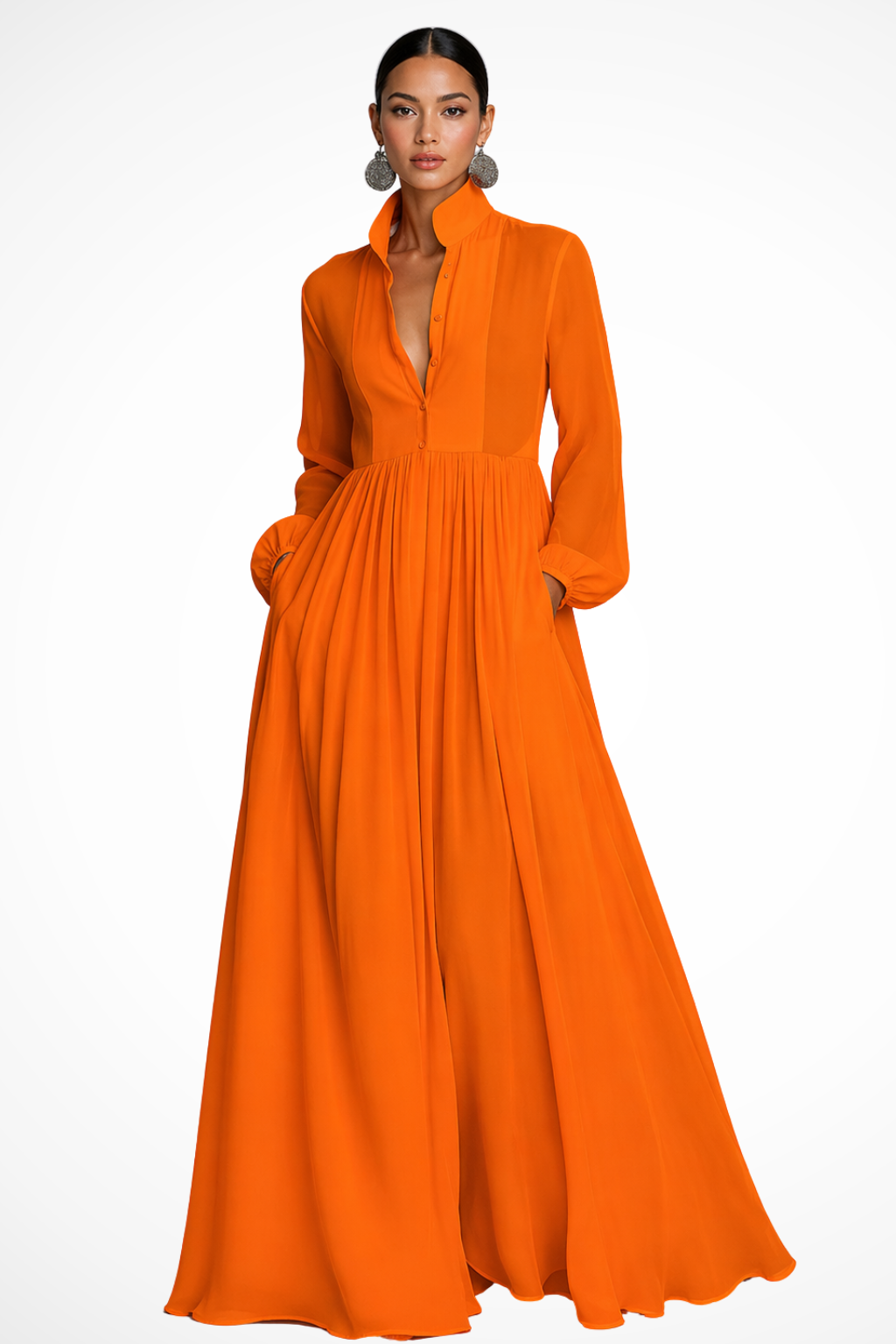 Women's Long Sleeve Button Front Garden Party Maxi Dress with Pockets