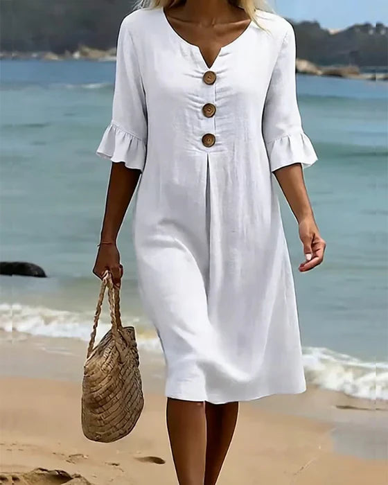 Cotton Linen Midi Dress Flutter Sleeve Button Front V-Neck