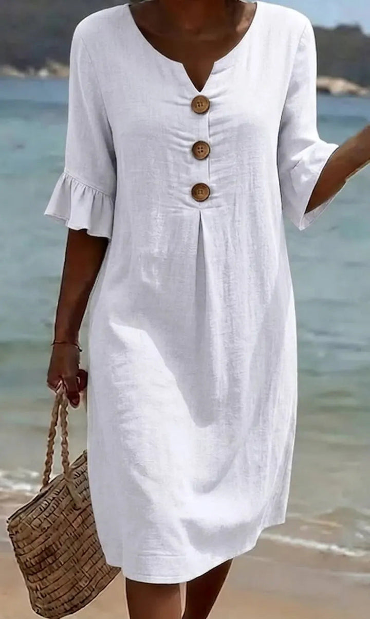 Cotton Linen Midi Dress Flutter Sleeve Button Front V-Neck