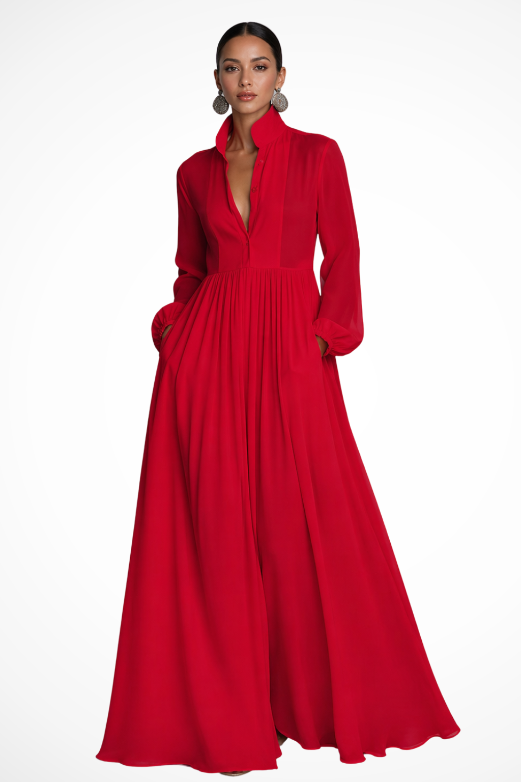 Women's Long Sleeve Button Front Garden Party Maxi Dress with Pockets