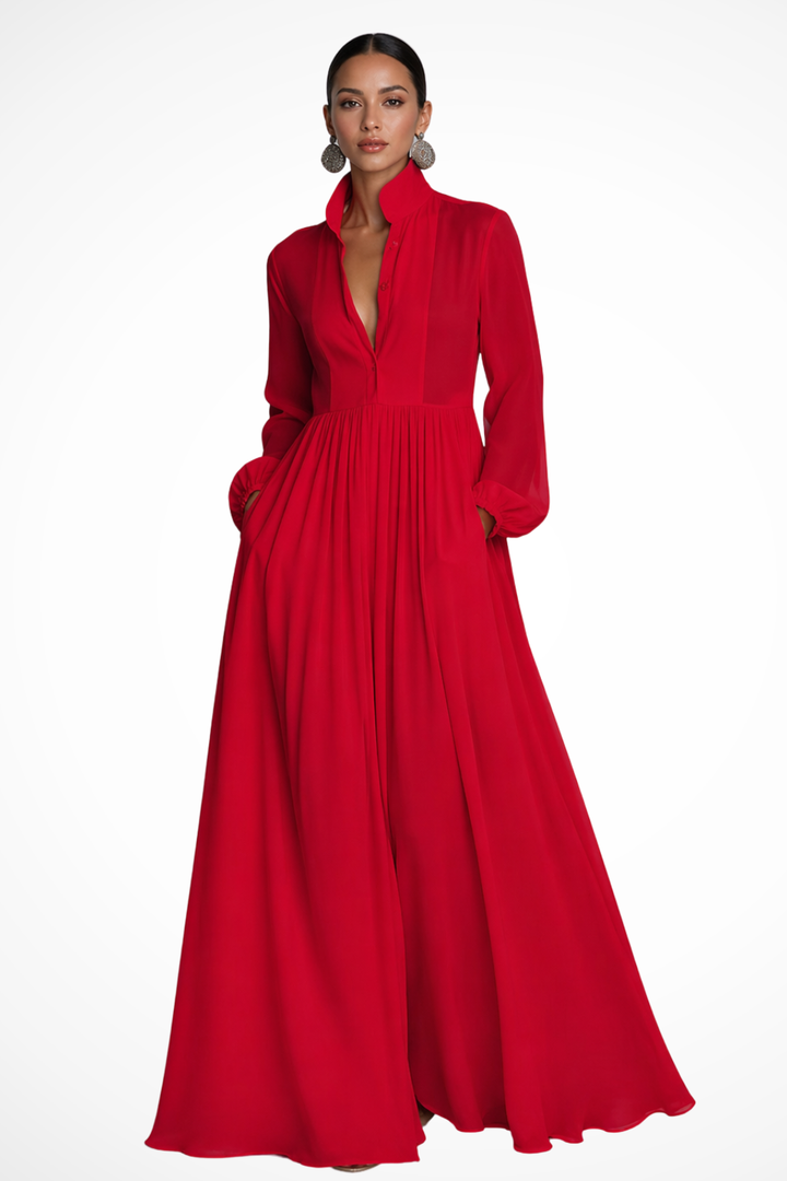 Women's Long Sleeve Button Front Garden Party Maxi Dress with Pockets