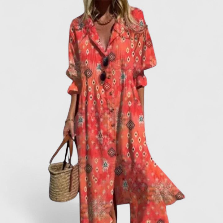 Women's Floral Print Boho Maxi Dress with Button Placket and Lapel Collar