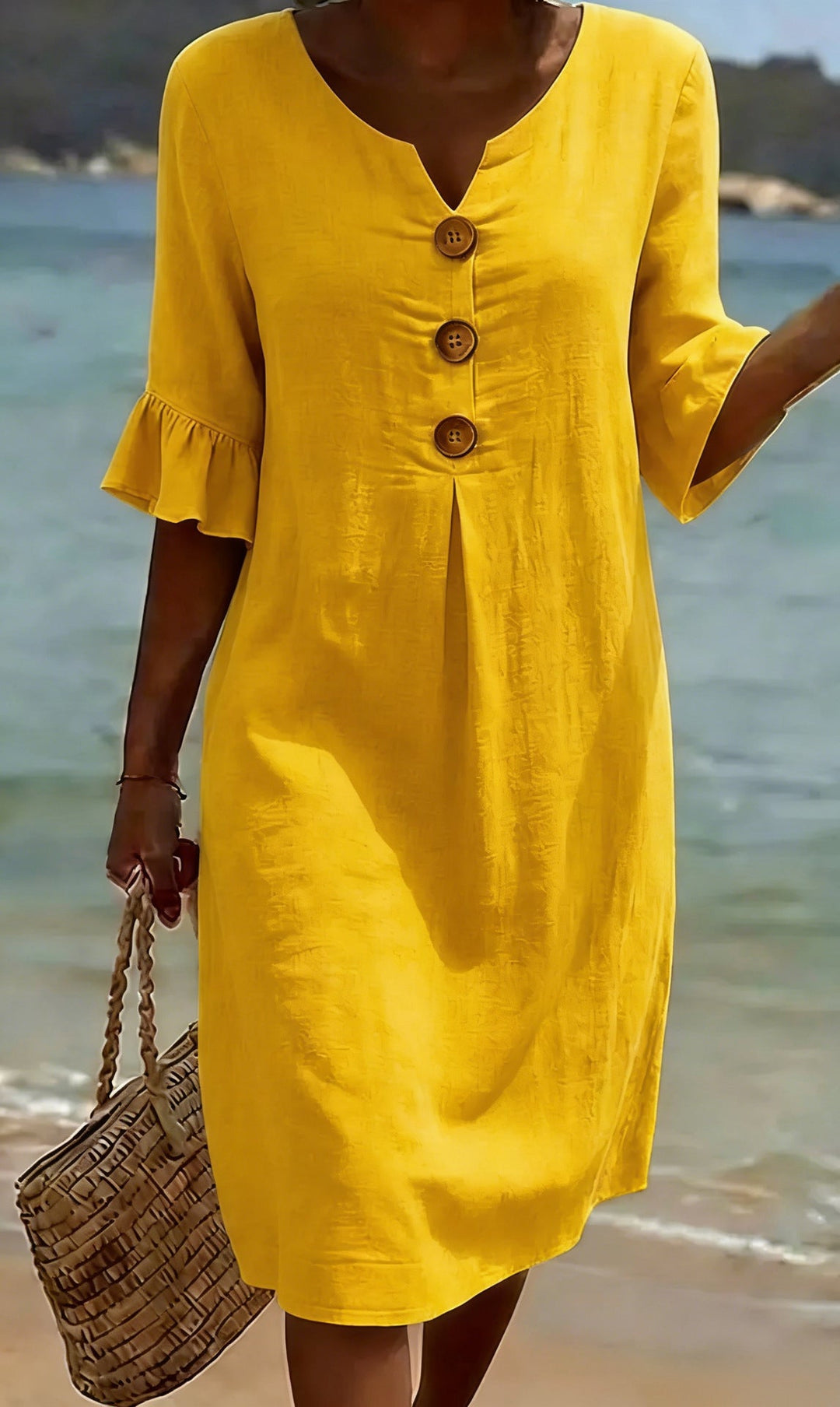 Cotton Linen Midi Dress Flutter Sleeve Button Front V-Neck
