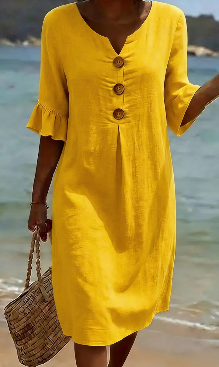 Cotton Linen Midi Dress Flutter Sleeve Button Front V-Neck