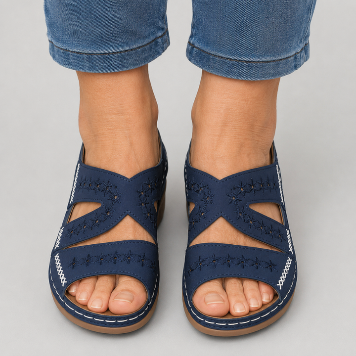 Women's Open Toe Slip-On Wedge Sandals with Embroidered Cross Straps