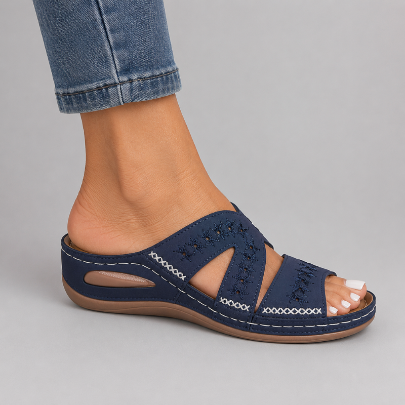 Women's Open Toe Slip-On Wedge Sandals with Embroidered Cross Straps