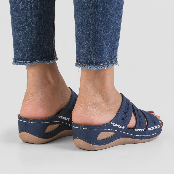 Women's Open Toe Slip-On Wedge Sandals with Embroidered Cross Straps
