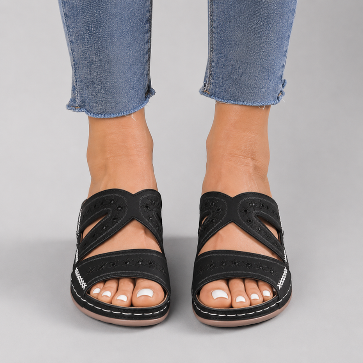 Women's Open Toe Slip-On Wedge Sandals with Embroidered Cross Straps
