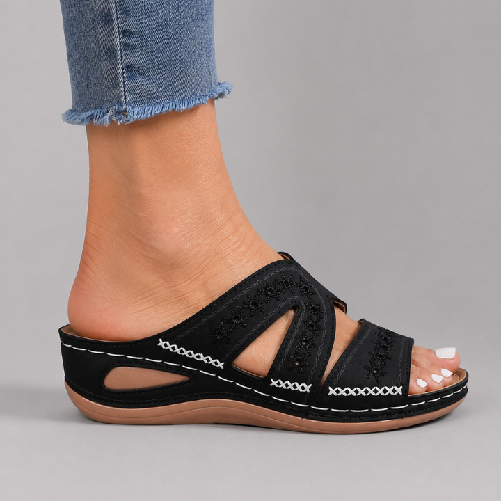 Women's Open Toe Slip-On Wedge Sandals with Embroidered Cross Straps