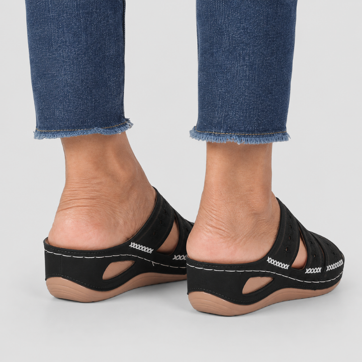 Women's Open Toe Slip-On Wedge Sandals with Embroidered Cross Straps