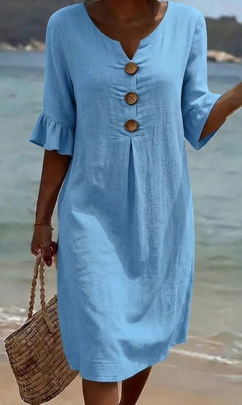 Cotton Linen Midi Dress Flutter Sleeve Button Front V-Neck