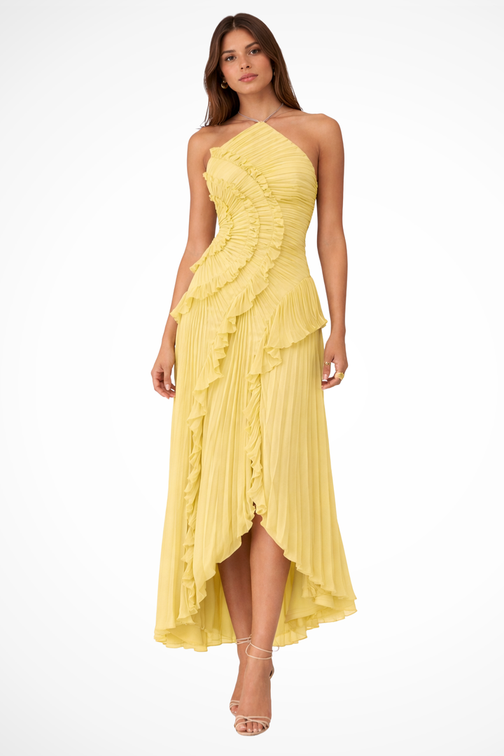 Women's Sleeveless Halter Backless Ruffled Maxi Summer Wedding Guest Dress