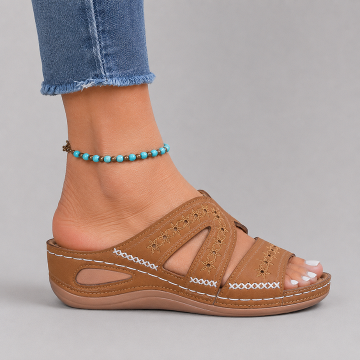 Women's Open Toe Slip-On Wedge Sandals with Embroidered Cross Straps