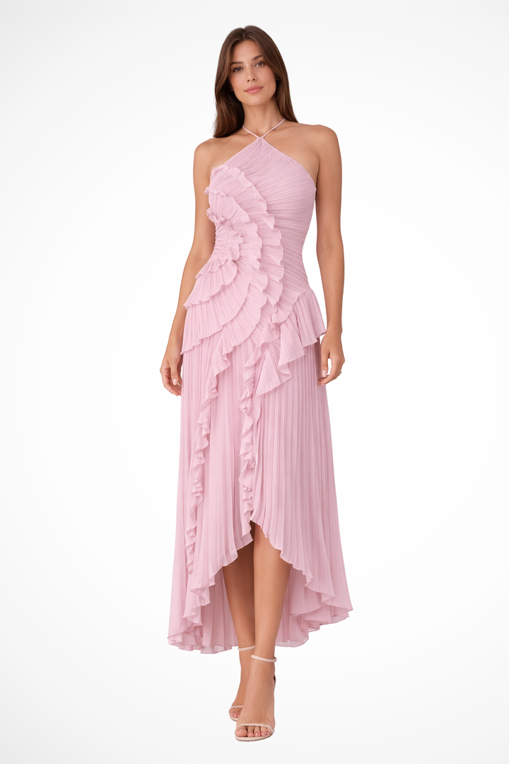 Women's Sleeveless Halter Backless Ruffled Maxi Summer Wedding Guest Dress