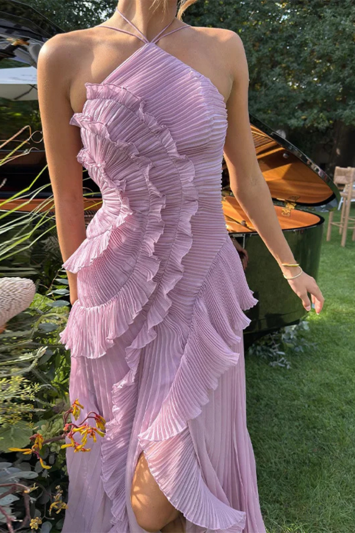 Women's Sleeveless Halter Backless Ruffled Maxi Summer Wedding Guest Dress