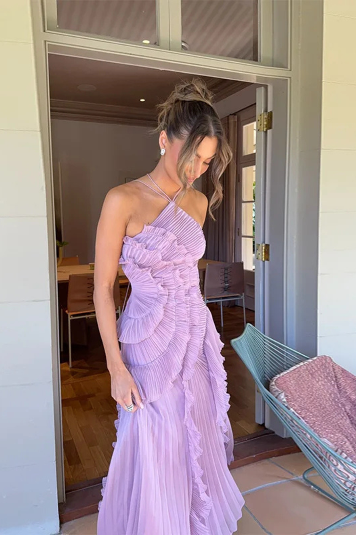 Women's Sleeveless Halter Backless Ruffled Maxi Summer Wedding Guest Dress