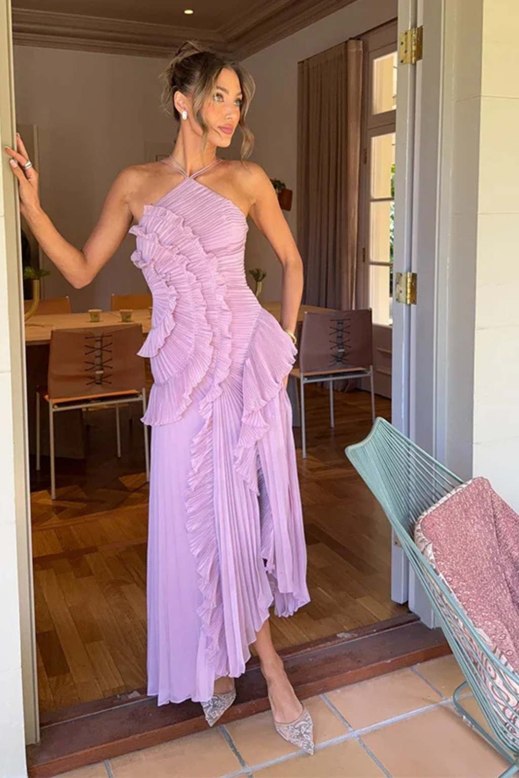 Women's Sleeveless Halter Backless Ruffled Maxi Summer Wedding Guest Dress